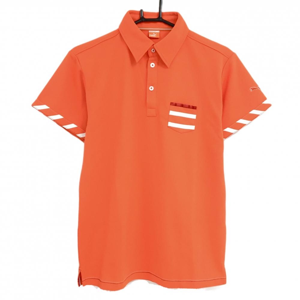 【美品】プーマ 半袖ポロシャツ オレンジ 袖口斜めストライプ 胸ポケット メンズ M ゴルフウェア PUMA