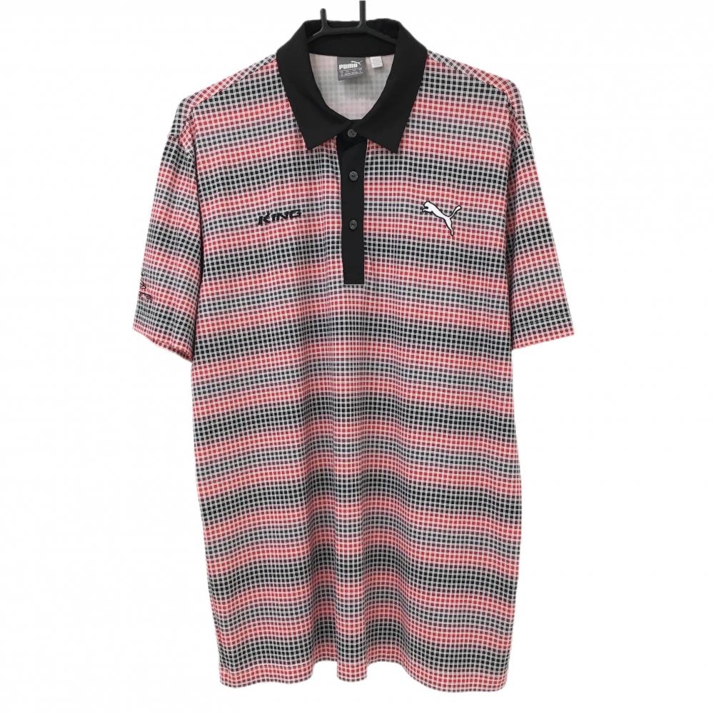 【超美品】プーマ 半袖ポロシャツ 黒×レッド チェック コブラ cobra メンズ US-M ゴルフウェア PUMA