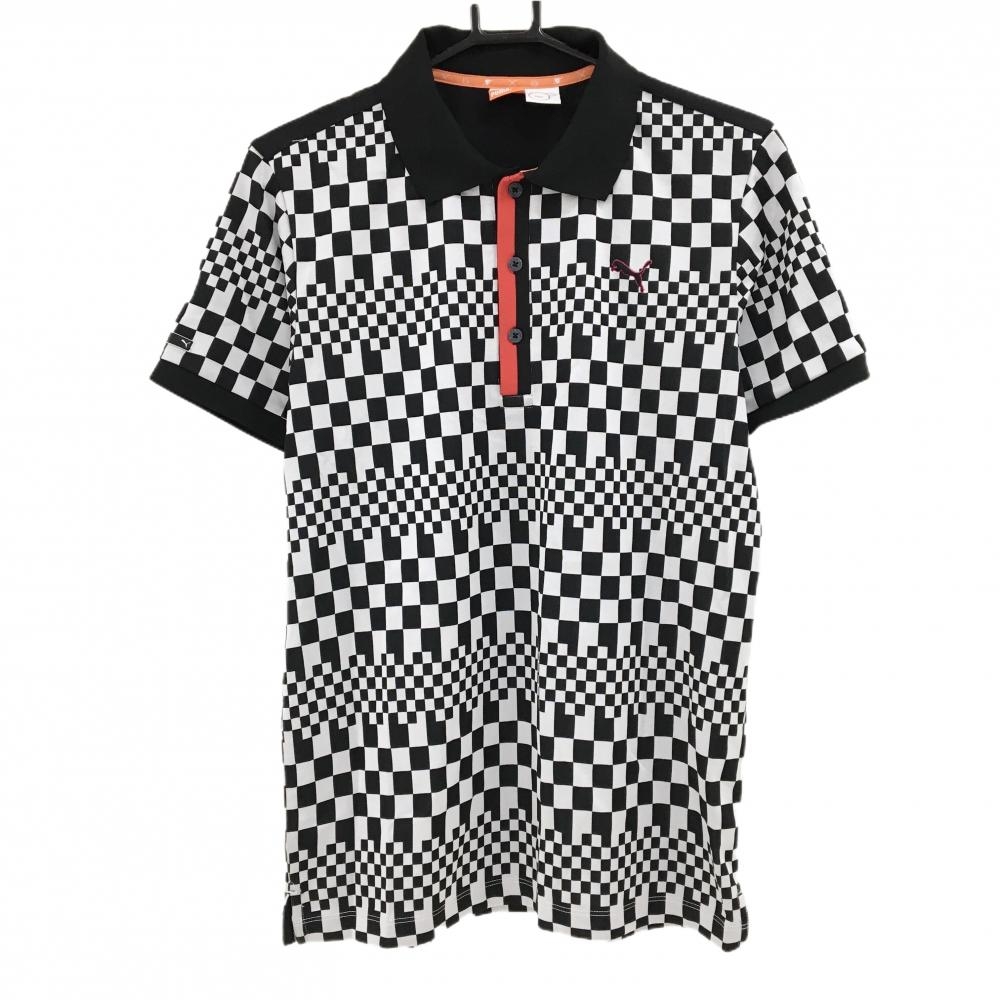 【超美品】プーマ 半袖ポロシャツ 白×黒 ブロックチェック DRYCELL ロゴ メンズ L ゴルフウェア PUMA