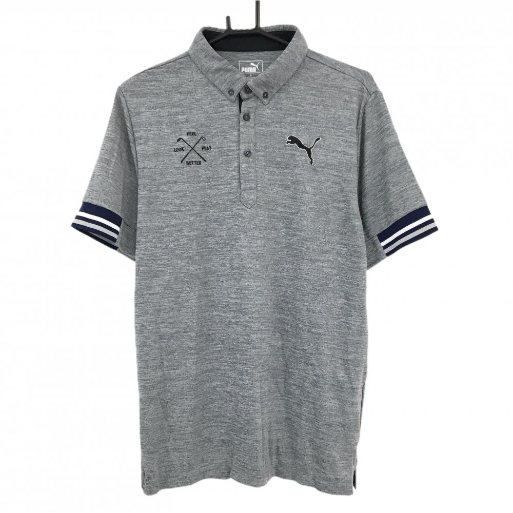 【超美品】プーマ 半袖ポロシャツ 杢グレー×ネイビー 袖口ライン ボタンダウン メンズ XL ゴルフウェア PUMA