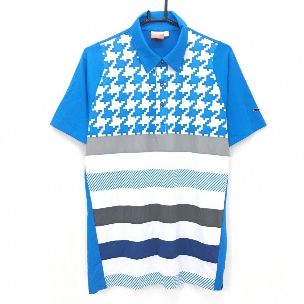 【超美品】プーマ 半袖ポロシャツ ブルー×白 下部ボーダー 袖口ロゴ メンズ US-S ゴルフウェア PUMA