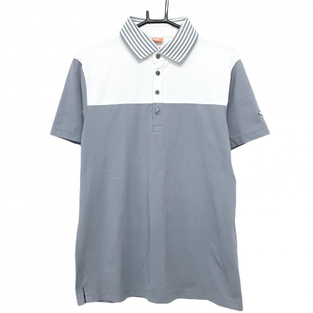 プーマ 半袖ポロシャツ グレー×白 襟ボーダー DRYCELL メンズ O(XL) ゴルフウェア PUMA