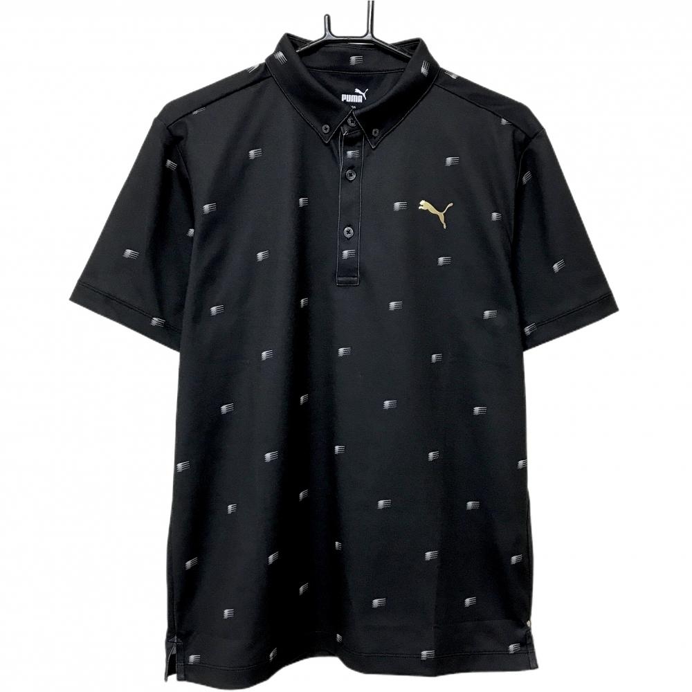 【美品】プーマ 半袖ポロシャツ 黒×白 総柄 ボタンダウン ゴールドロゴ メンズ L ゴルフウェア PUMA
