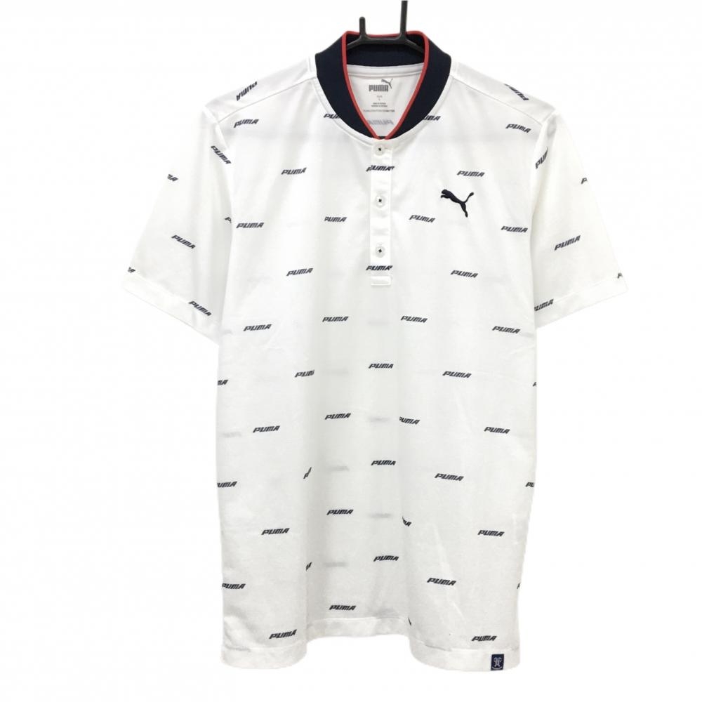 【美品】プーマ 半袖ポロシャツ 白×ネイビー 英字ロゴ総柄 スタンドカラー メンズ L ゴルフウェア PUMA