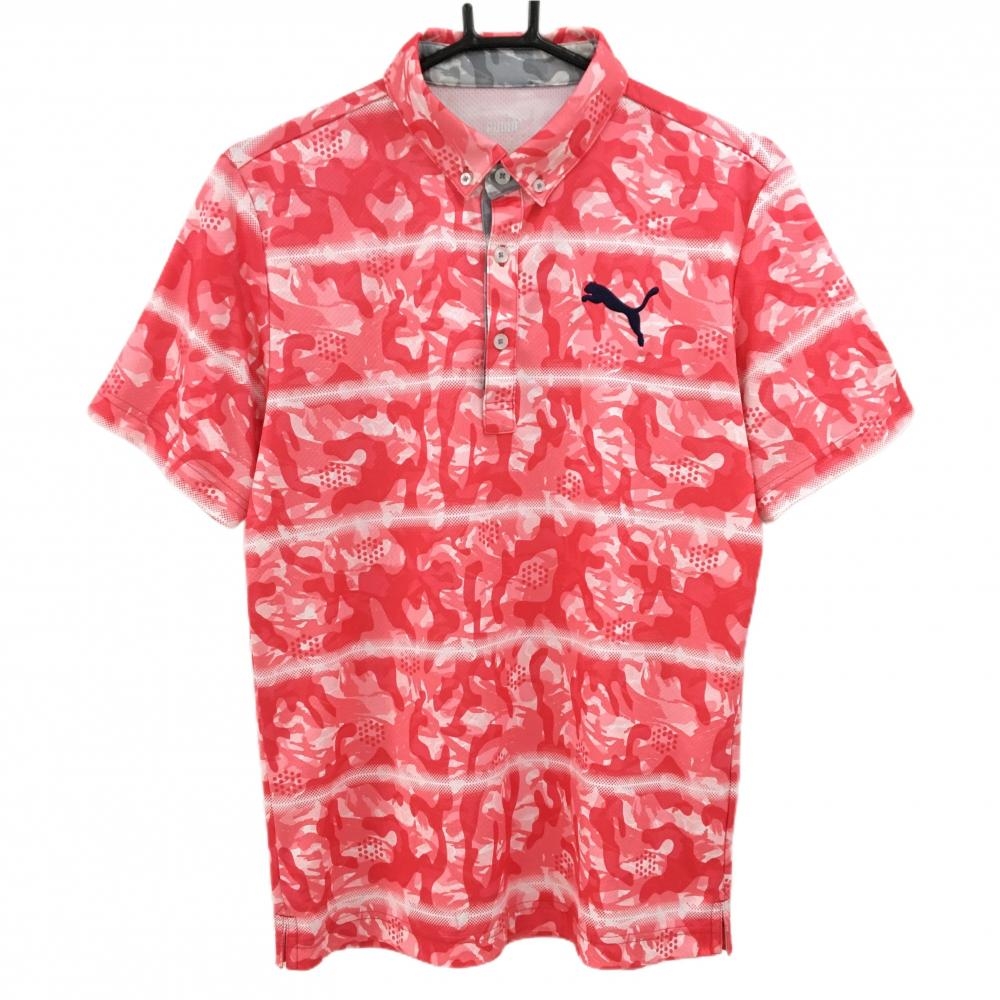 【超美品】プーマ 半袖ポロシャツ レッドピンク系×白 総柄 ボタンダウン ロゴネイビー メンズ M ゴルフウェア PUMA