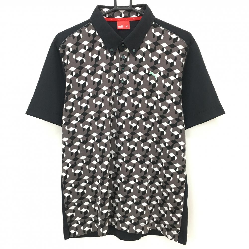 プーマ 半袖ポロシャツ 黒×グレージュ 前身頃総柄 ボタンダウン メンズ XO ゴルフウェア PUMA