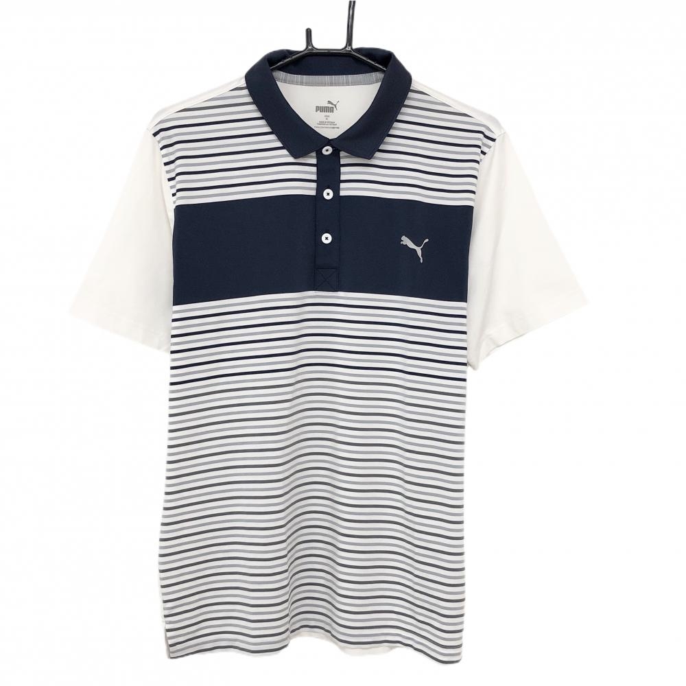 【美品】プーマ 半袖ポロシャツ 白×ネイビー×グレー フロントボーダー柄 メンズ XL ゴルフウェア PUMA