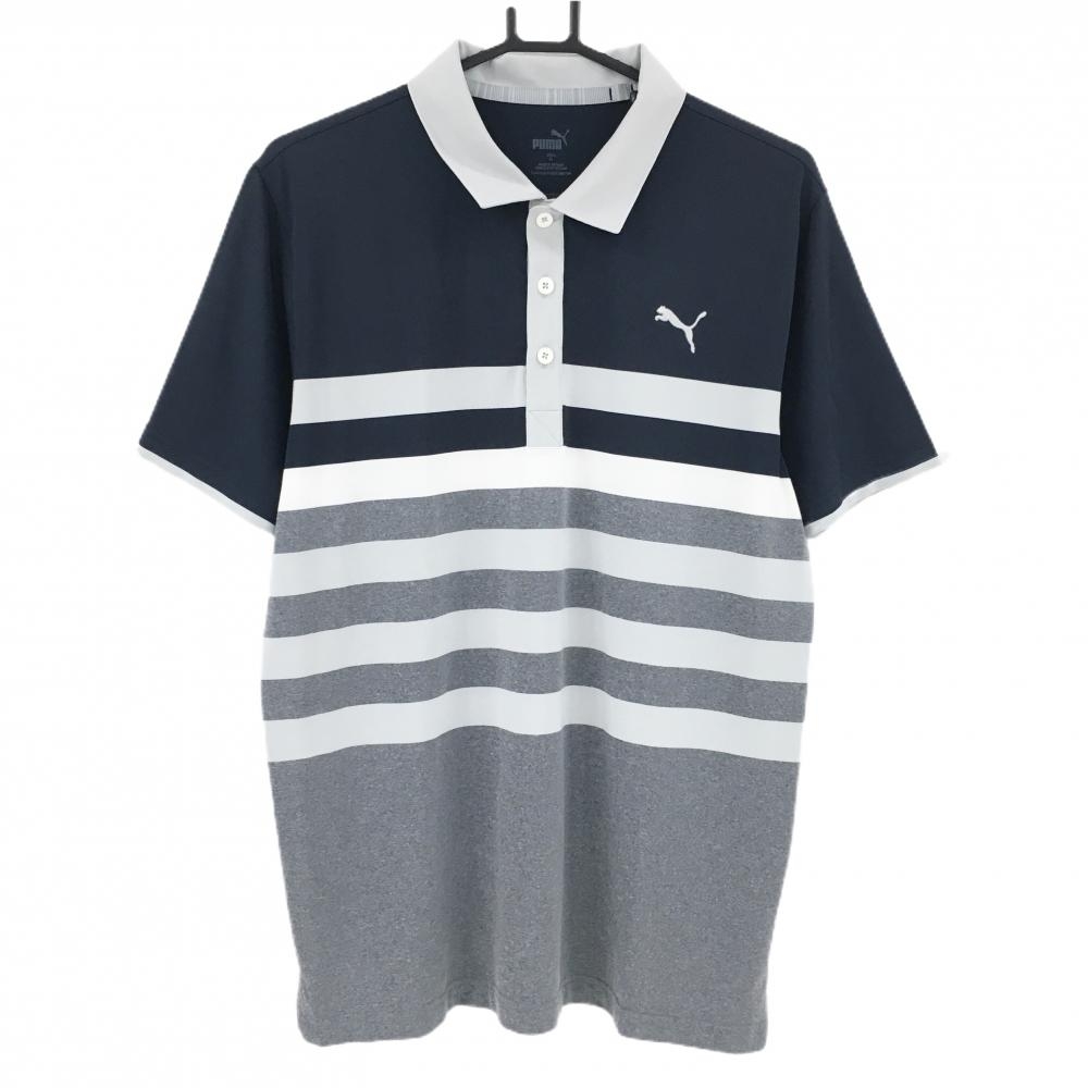 【超美品】プーマ 半袖ポロシャツ ネイビー×グレー 一部ボーダー  メンズ XL ゴルフウェア PUMA