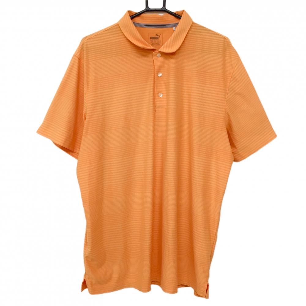 【超美品】プーマ 半袖ポロシャツ オレンジ系 ボーダー 袖ロゴ メンズ 海外サイズ(US/XL)(US-XL) ゴルフウェア 大きいサイズ PUMA