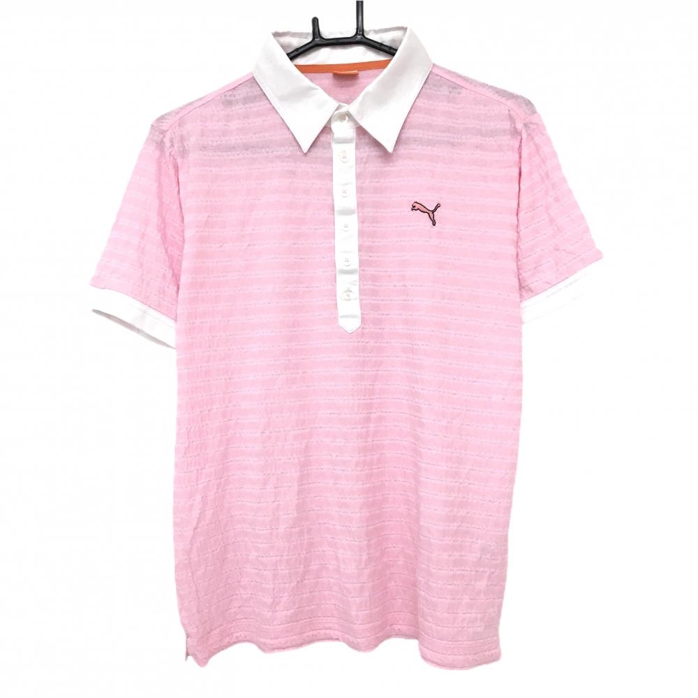 【美品】プーマ 半袖ポロシャツ ライトピンク ボーダー織生地 メンズ M ゴルフウェア PUMA