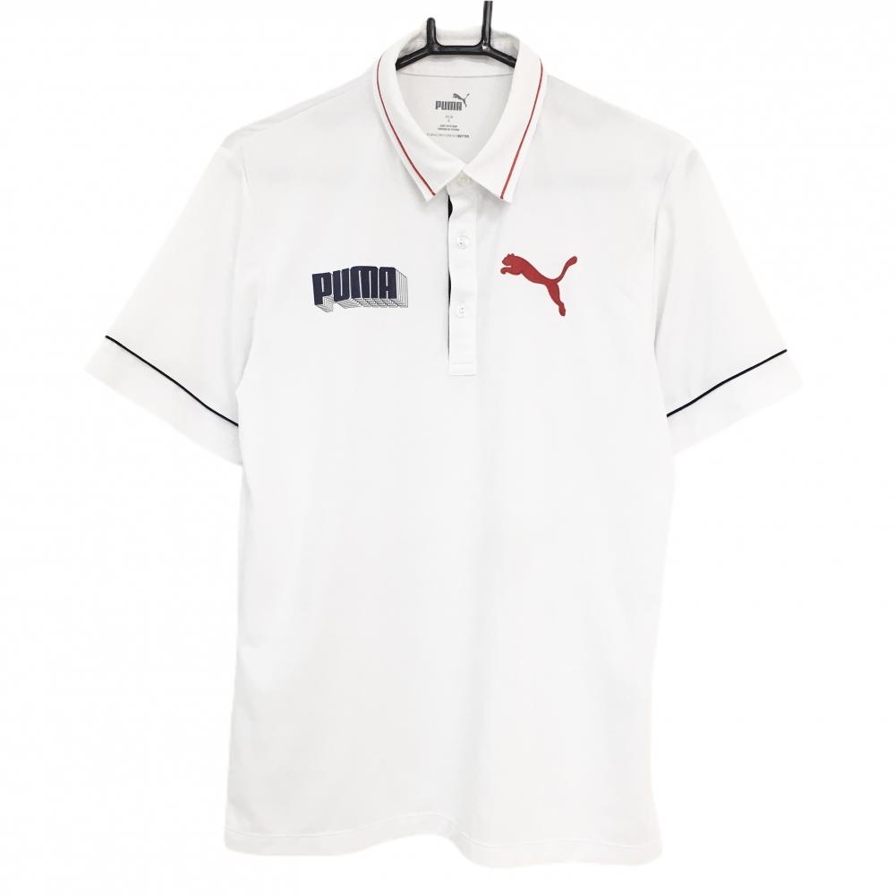 プーマ 半袖ポロシャツ 白×レッド ロゴ刺しゅう メンズ L ゴルフウェア PUMA
