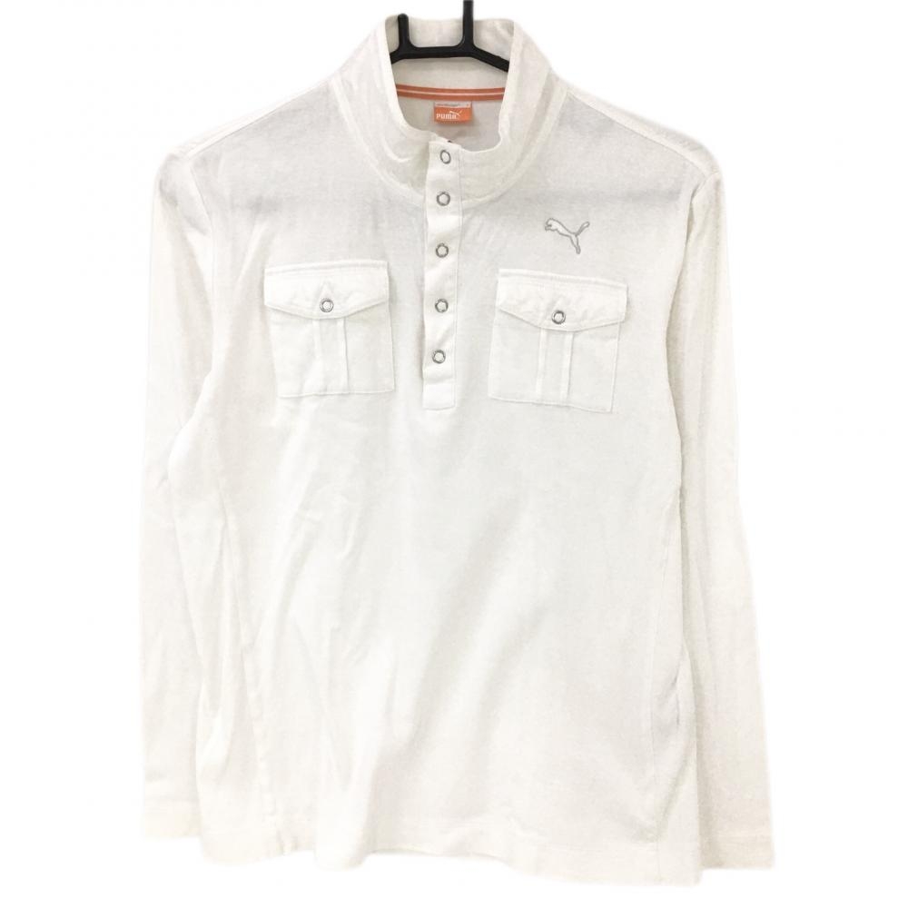 プーマ 長袖ポロシャツ 白 スナップボタン 異素材  メンズ S ゴルフウェア PUMA