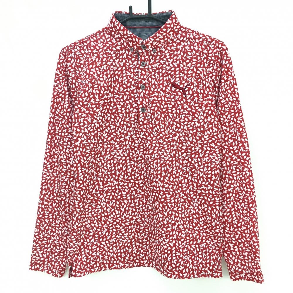 【超美品】プーマ 長袖ポロシャツ レッド×白 リーフ柄 ボタンダウン メンズ M ゴルフウェア PUMA
