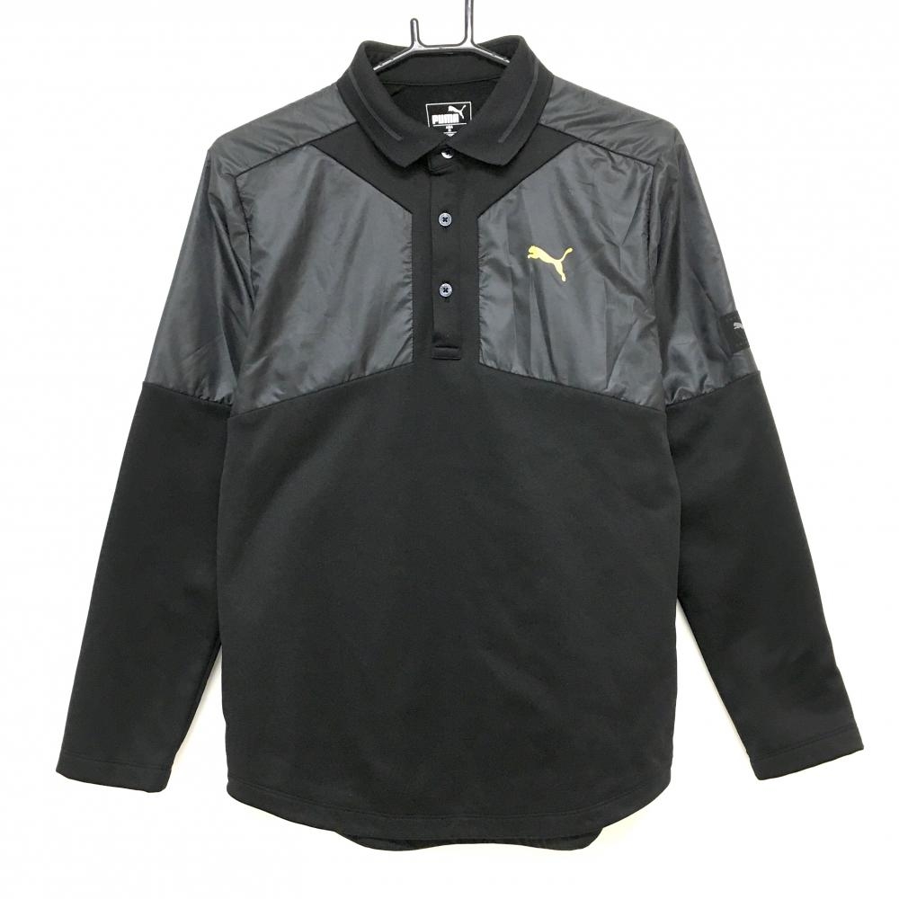 【超美品】プーマ 長袖ポロシャツ 黒×ダークグレー 切替 裏微起毛 袖ワッペン メンズ M ゴルフウェア PUMA