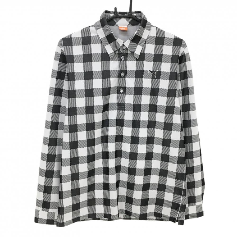 【超美品】プーマ 長袖ポロシャツ 白×黒 チェック ロゴ刺しゅう メンズ L ゴルフウェア PUMA