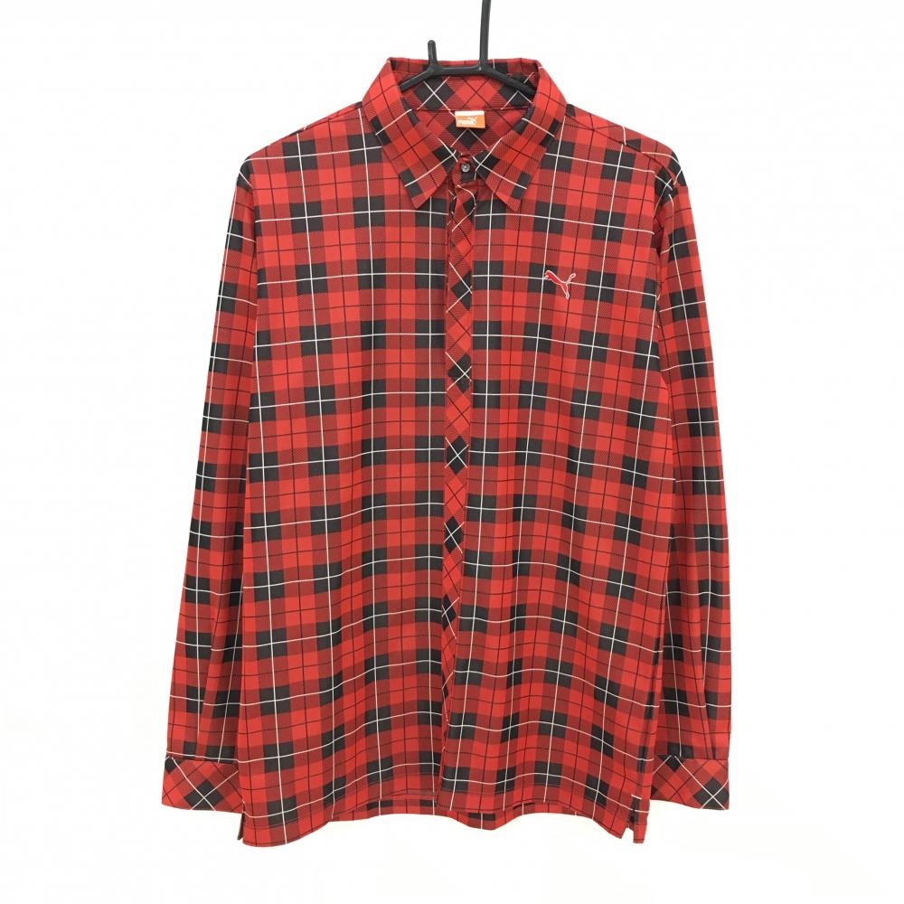 【超美品】プーマ 長袖ポロシャツ レッド×黒 チェック ロゴ刺しゅう メンズ O(XL) ゴルフウェア PUMA