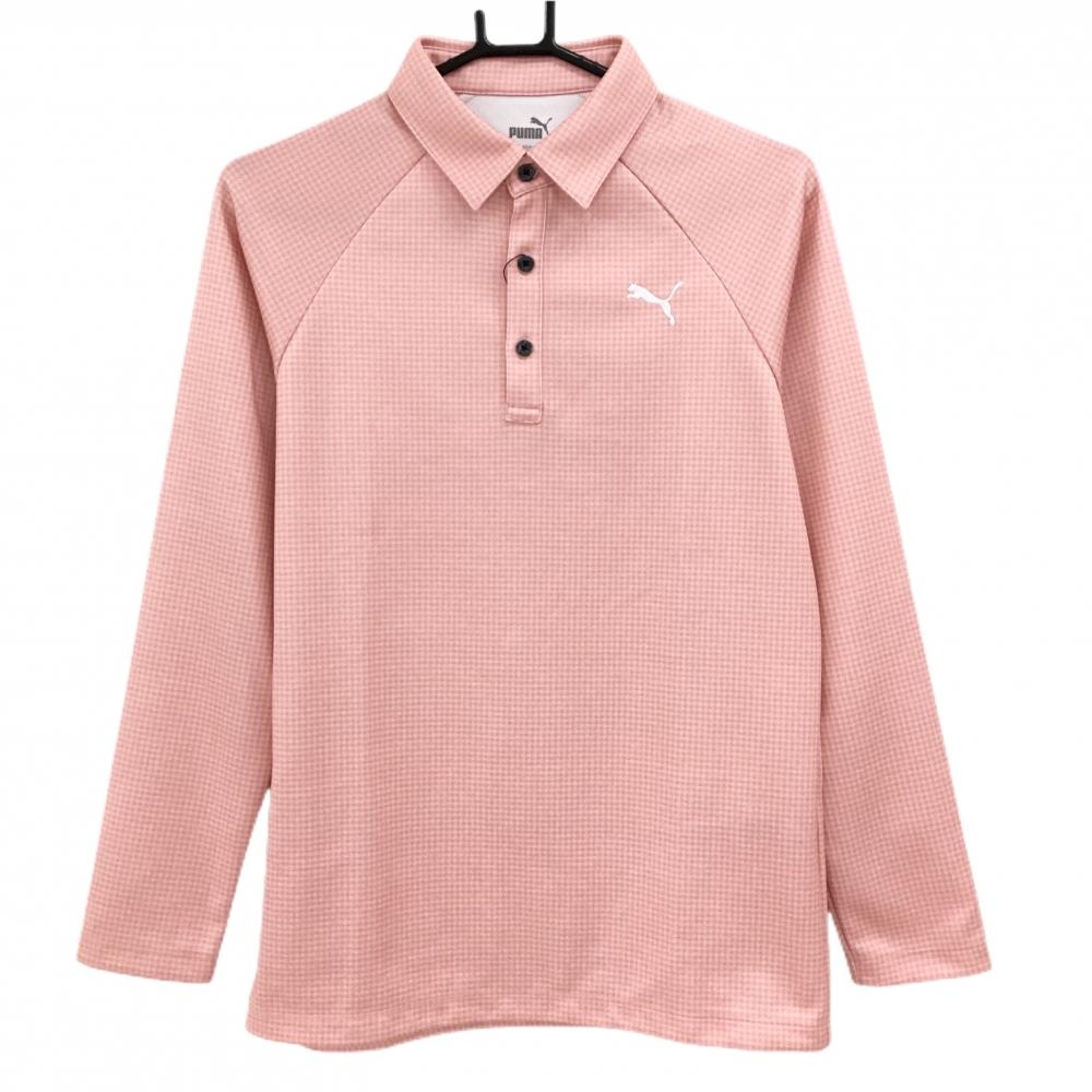 【新品】プーマ 長袖ポロシャツ ピンク系 チェック ロゴプリント  メンズ S ゴルフウェア PUMA