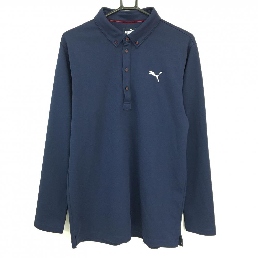 【超美品】プーマ 長袖ポロシャツ ネイビー×白 ロゴ刺しゅう ボタンダウン メンズ XL ゴルフウェア PUMA