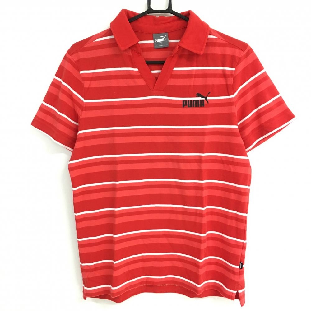 【超美品】プーマ 半袖スキッパーシャツ レッド×白 ボーダー メンズ M ゴルフウェア PUMA 画像
