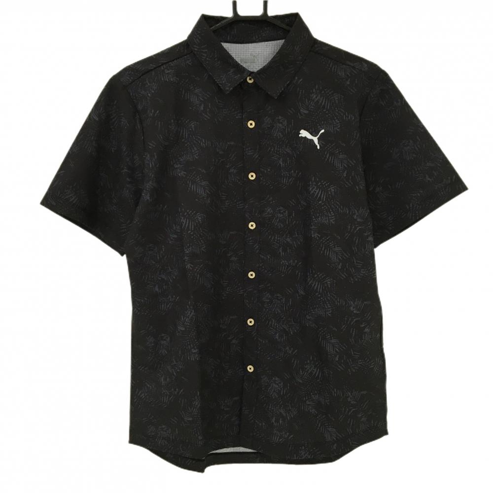 【超美品】プーマ 半袖シャツ 黒系×ブルーグレー系 総柄 リーフ 胸ロゴプリント メンズ L ゴルフウェア PUMA