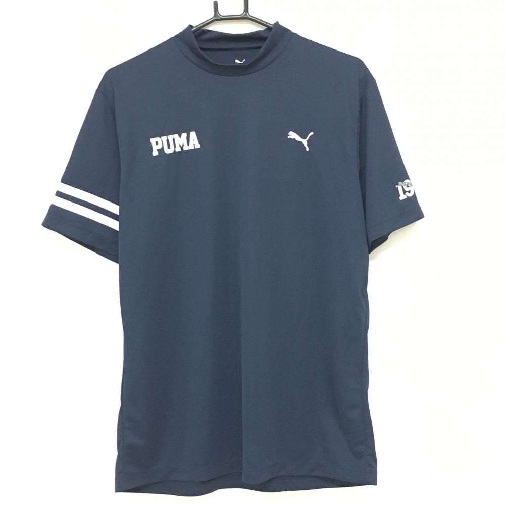 【超美品】プーマ 半袖ハイネックシャツ ネイビー×白 袖白ライン ロゴ刺しゅう メンズ XL  ゴルフウェア PUMA