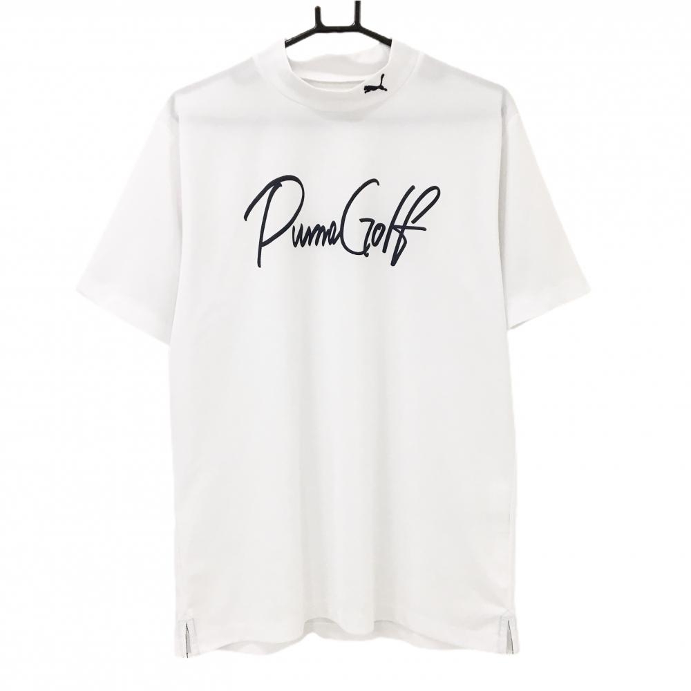 【超美品】プーマゴルフ 半袖ハイネックシャツ 白×ネイビー ロゴプリント メンズ XXL ゴルフウェア PUMA