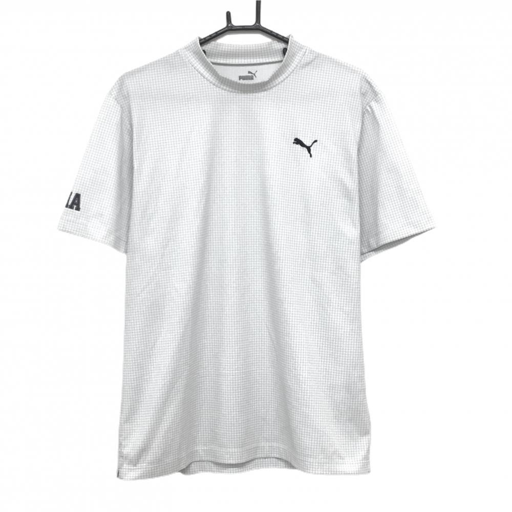 【美品】プーマ 半袖ハイネックシャツ ライトグレー×白 千鳥格子  メンズ XL ゴルフウェア PUMA
