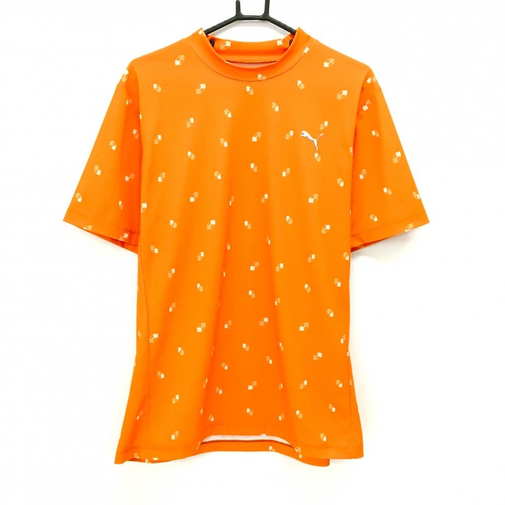 【超美品】プーマ 半袖ハイネックシャツ オレンジ×白 総柄 胸ロゴ メンズ XXL  ゴルフウェア 大きいサイズ PUMA