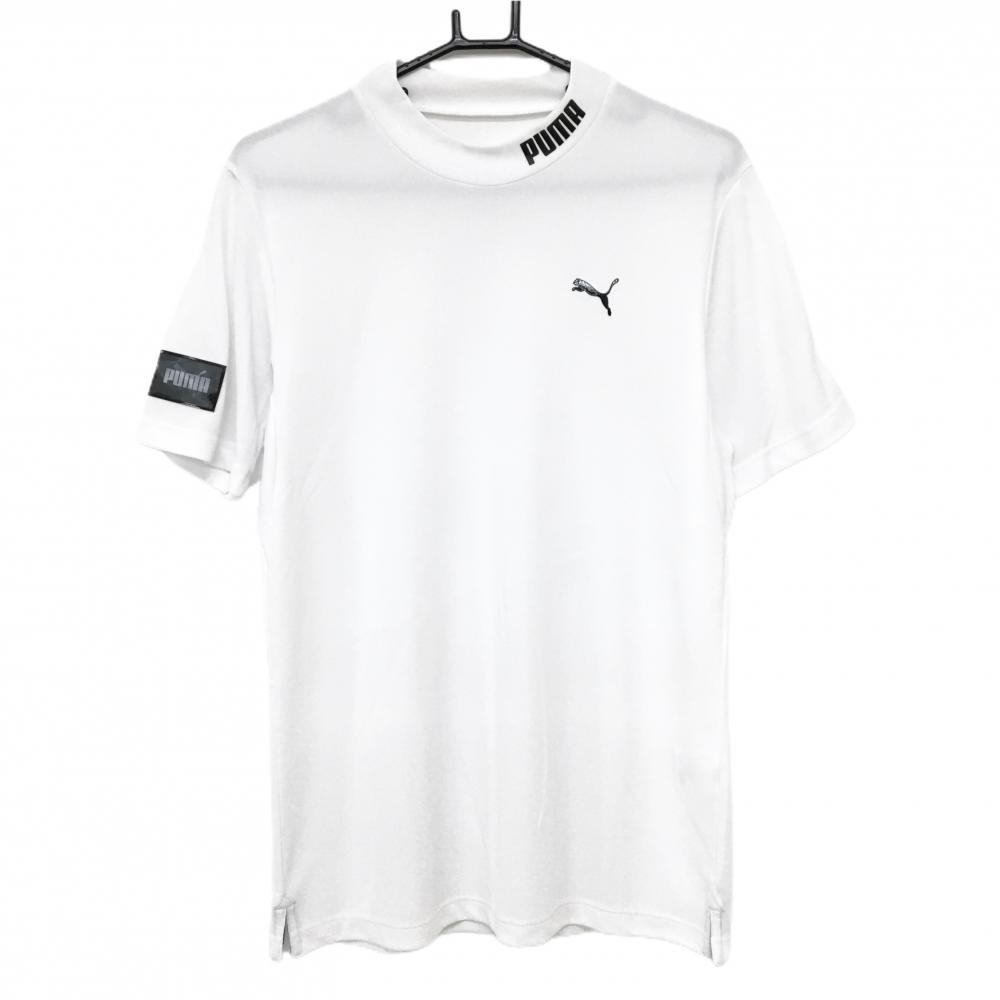 【美品】プーマ 半袖ハイネックシャツ 白×黒 ネック・胸・袖ロゴ メンズ M ゴルフウェア PUMA