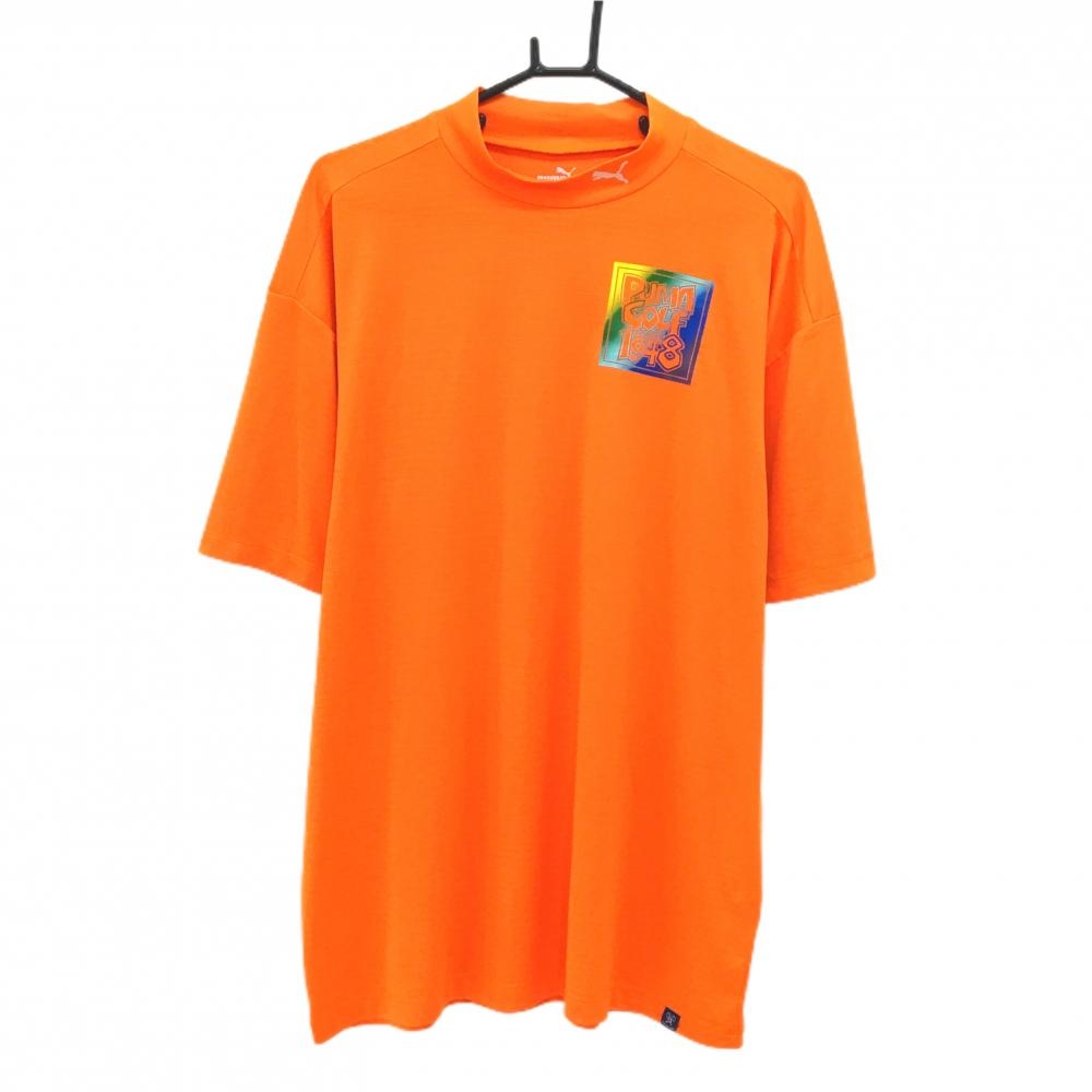 プーマ 半袖ハイネックシャツ オレンジ×ブルー系×グリーン系 胸ロゴプリント メンズ XXL ゴルフウェア 大きいサイズ PUMA
