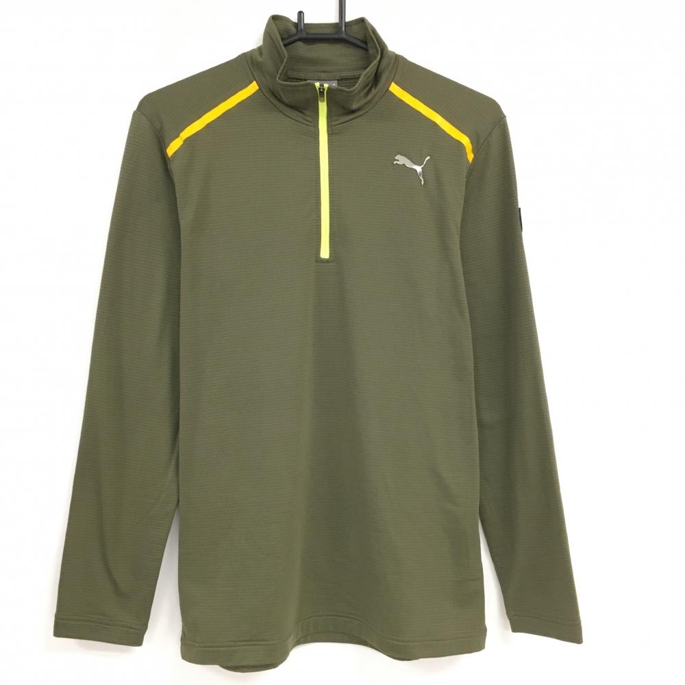 プーマ 長袖ハイネックシャツ カーキ×オレンジ ハーフジップ 裏微起毛 メンズ M ゴルフウェア PUMA