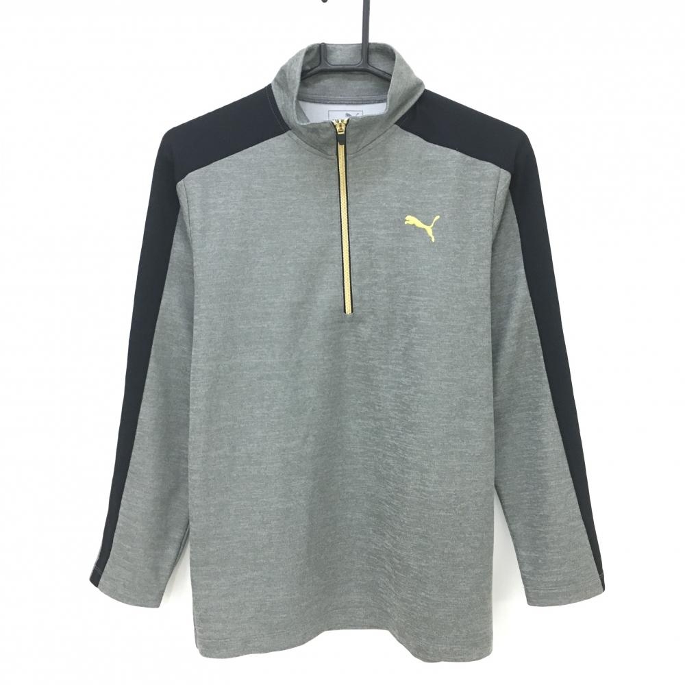 【美品】プーマ 長袖ハイネックシャツ 杢グレー×黒　ハーフジップ ロゴゴールド メンズ M ゴルフウェア PUMA