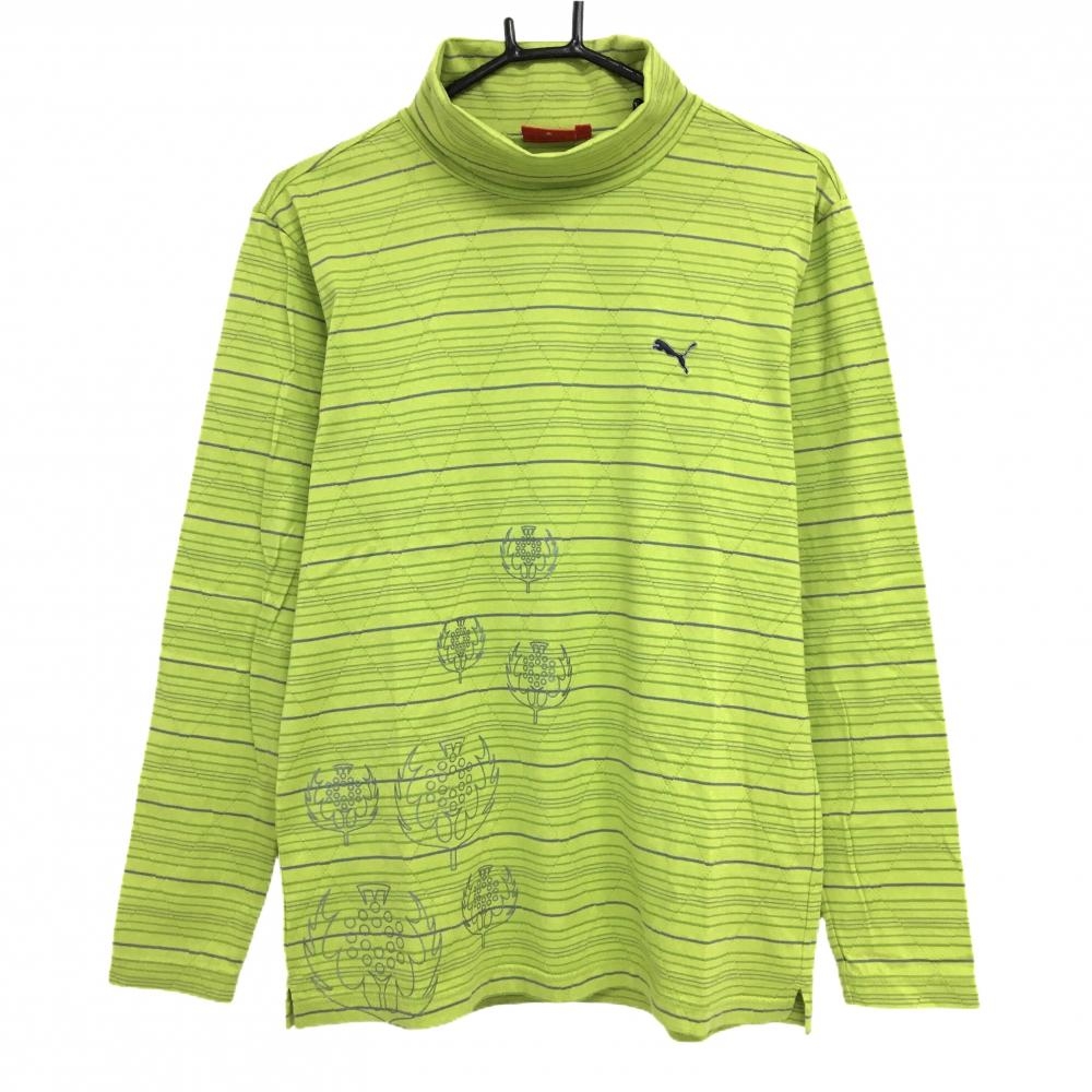 【超美品】プーマ 長袖ポロシャツ ライトグリーン×グレー ボーダー 裾プリント メンズ L ゴルフウェア PUMA