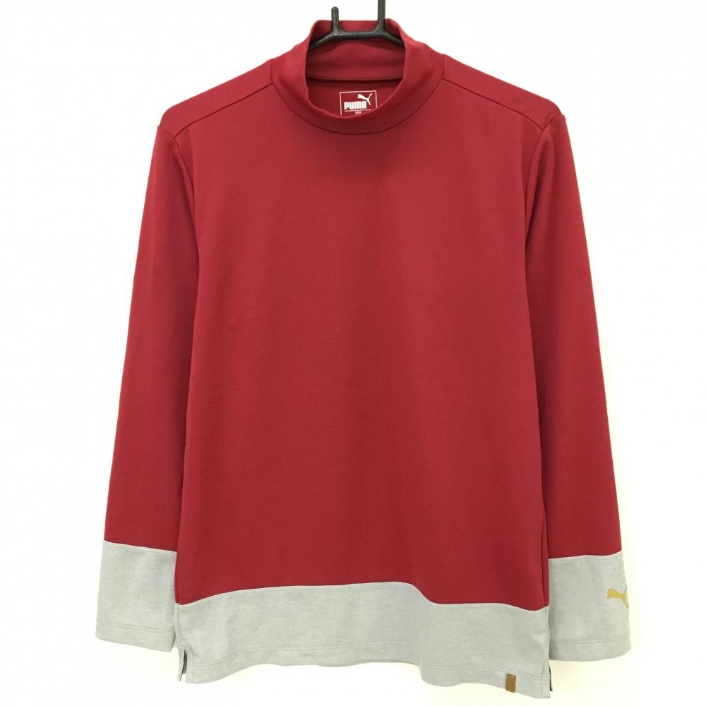 プーマ 長袖ハイネックシャツ レッド×グレー 袖口ロゴゴールド メンズ M ゴルフウェア PUMA