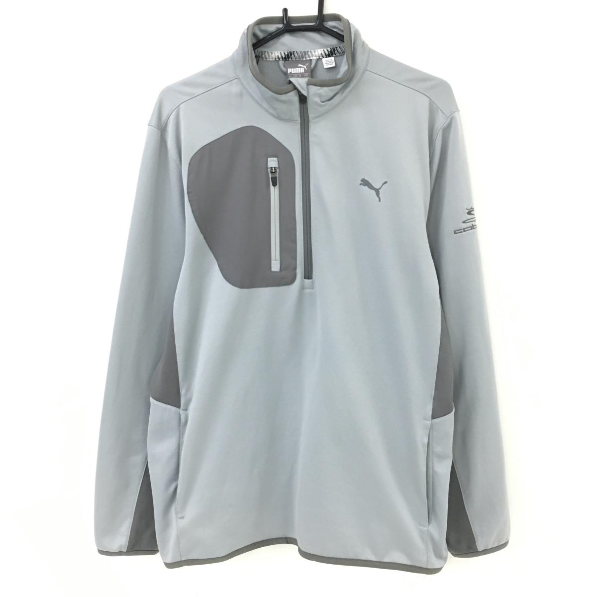 【美品】プーマ 長袖ハイネックシャツ ライトグレー 裏起毛 胸ポケット付 メンズ M ゴルフウェア PUMA