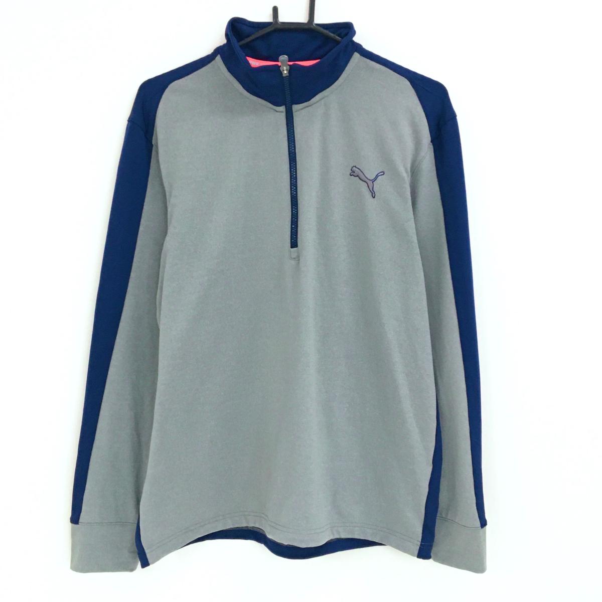 【超美品】プーマ 長袖ハイネックシャツ グレー×ネイビー 裏微起毛 ハーフジップ WARM メンズ L ゴルフウェア PUMA