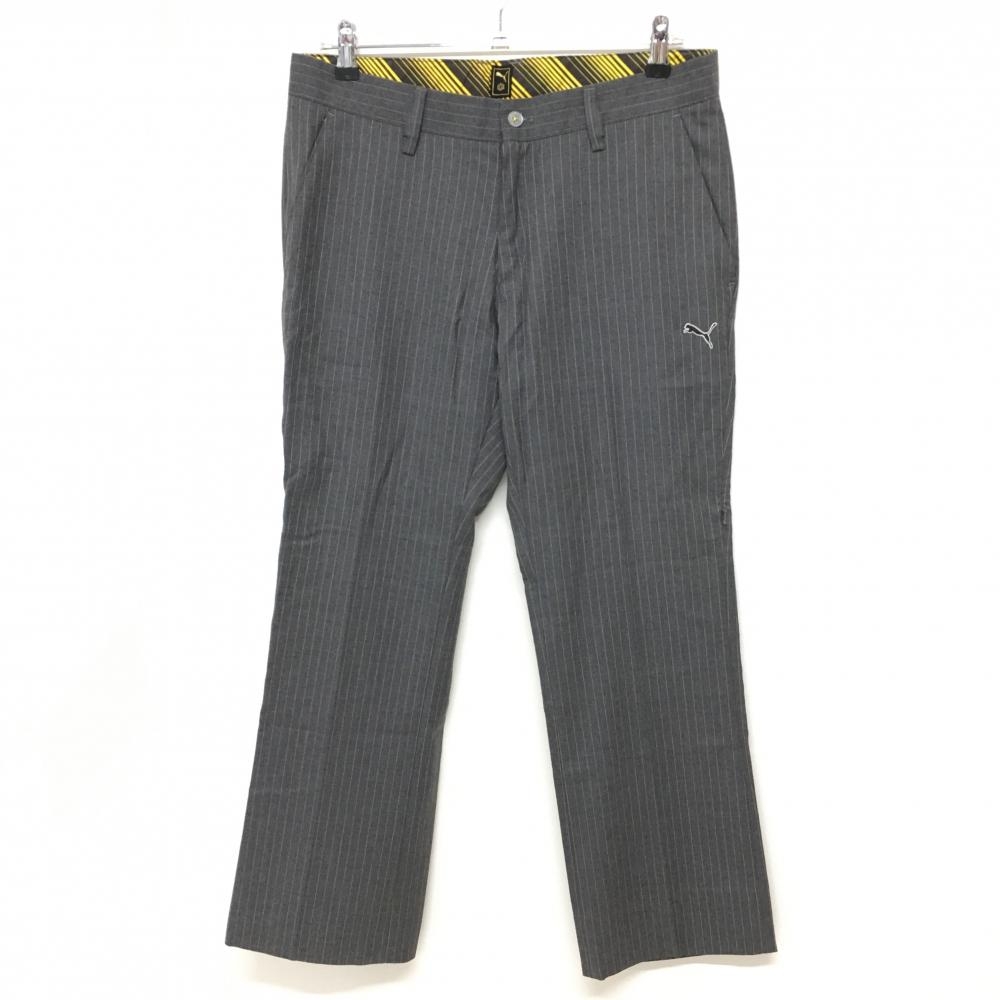 【美品】プーマ パンツ グレー×イエロー ストライプ ロゴ刺しゅう  メンズ 82 ゴルフウェア PUMA