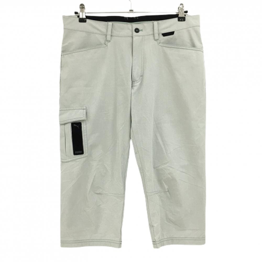 【美品】プーマ 半端丈パンツ ライトグレー グリーンステッチ ウエスト後ろゴム ロゴ刺しゅう  メンズ L ゴルフウェア PUMA