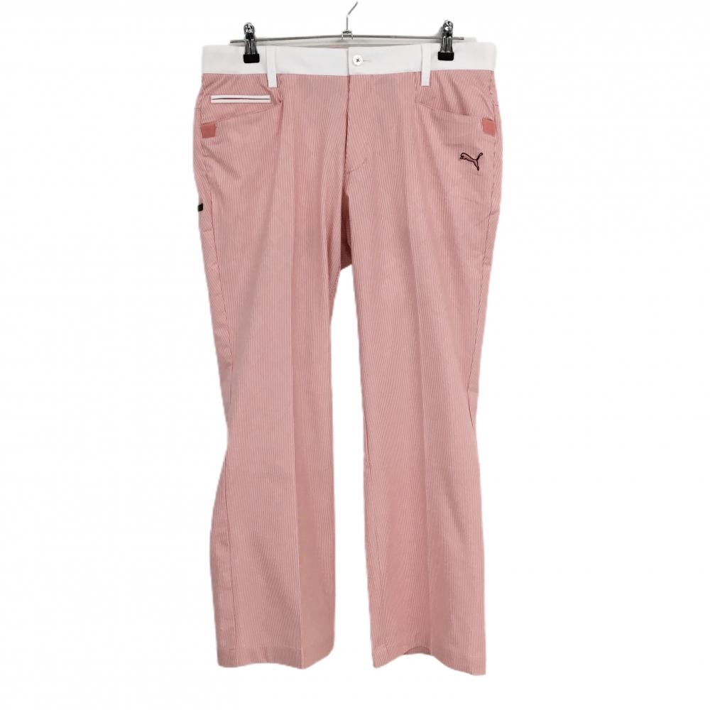 【美品】プーマ パンツ 白×サーモンピンク ストライプ ダイヤ柄地模様 ロゴ刺しゅう メンズ 85 ゴルフウェア PUMA