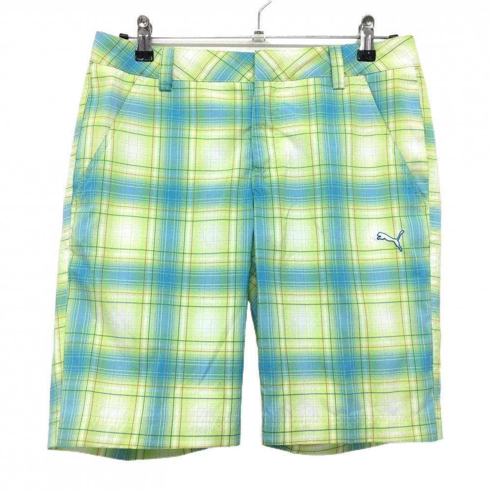 【美品】プーマ ハーフパンツ ライトグリーン×ライトブルー チェック柄 ロゴ刺しゅう  メンズ S ゴルフウェア PUMA