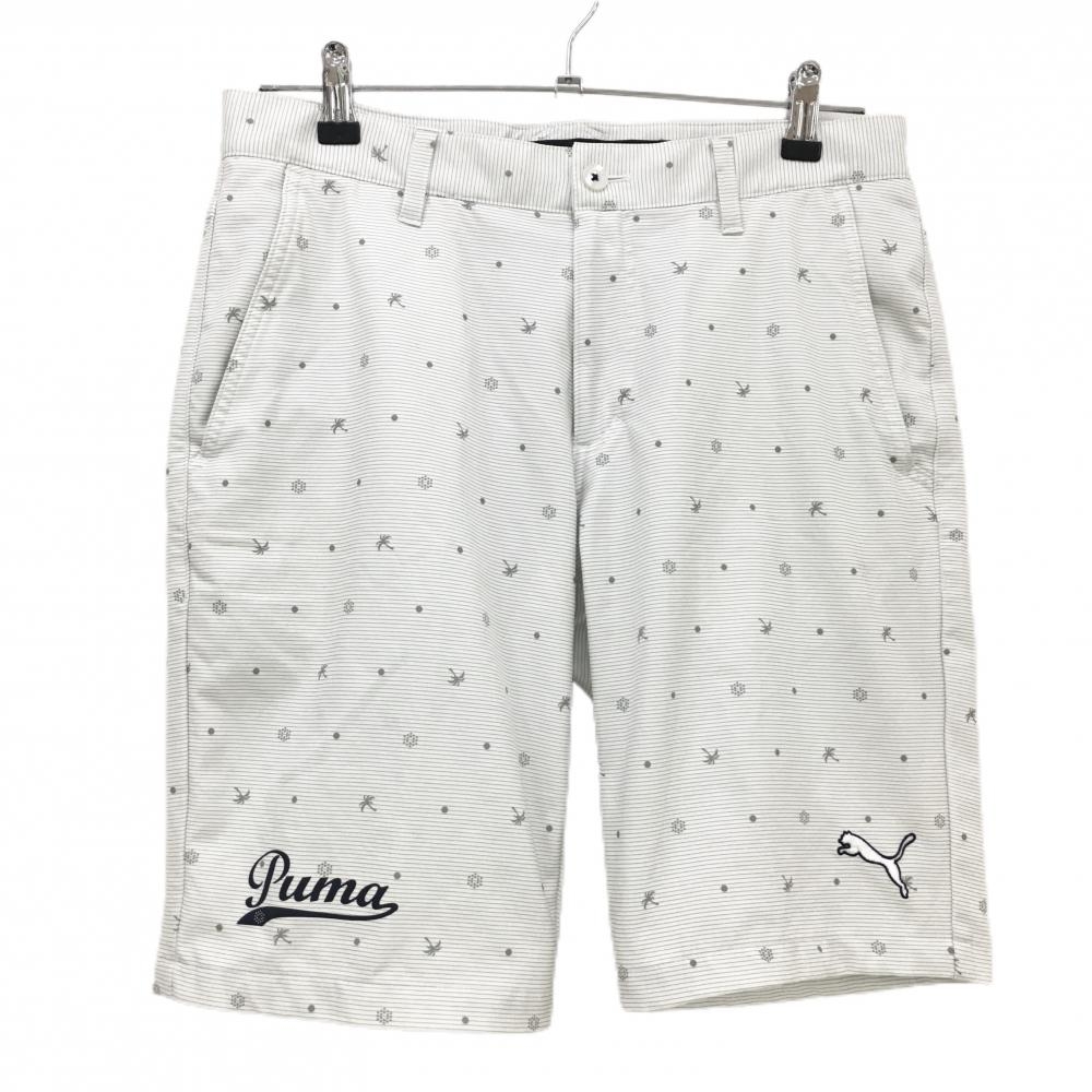 【美品】プーマ ハーフパンツ 白×ライトグレー ボーダー ドット ヤシの木柄 裏地付 メンズ M ゴルフウェア PUMA