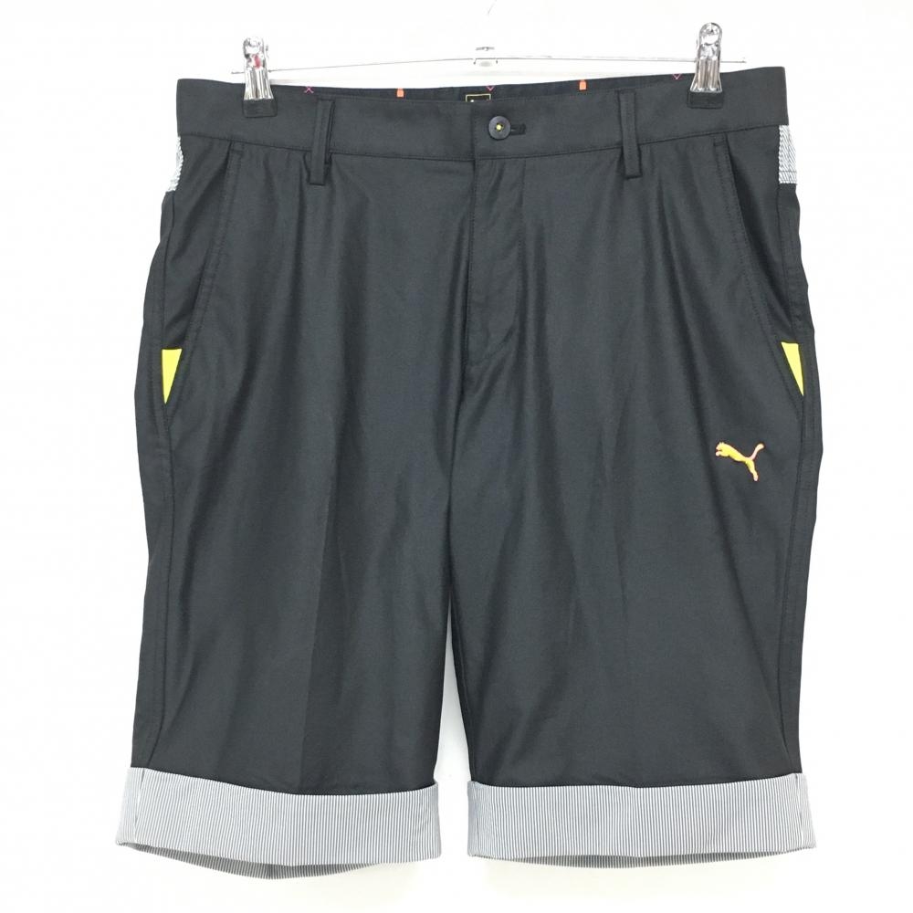 【美品】プーマ ハーフパンツ 黒×イエロー 一部細ストライプ 後ろポケット柄 メンズ 82 ゴルフウェア PUMA
