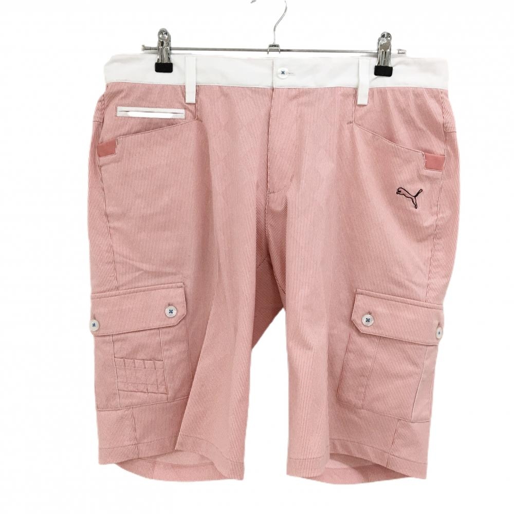 【美品】プーマ ハーフパンツ ピンク×白 細ストライプ ダイヤ柄地模様 メンズ 91 ゴルフウェア PUMA