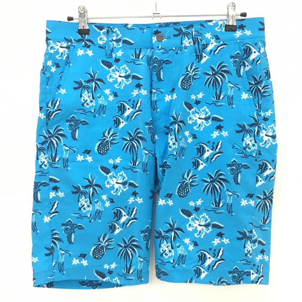 【超美品】プーマ ハーフパンツ ライトブルー×ネイビー×白 総柄 ヤシの木 パイナップル ハイビスカス メンズ L ゴルフウェア PUMA