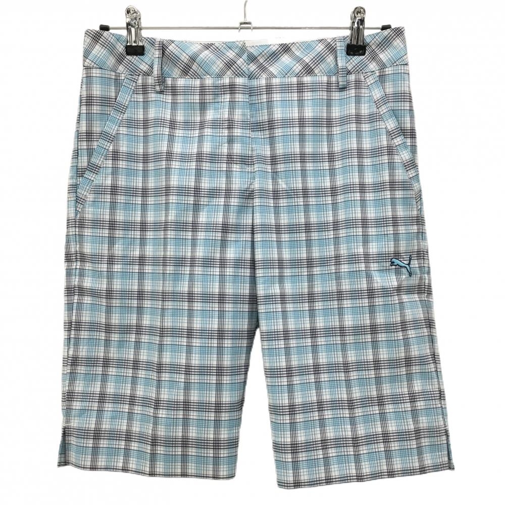 【超美品】プーマ ハーフパンツ 白×ライトブルー チェック ストレッチ メンズ L ゴルフウェア PUMA