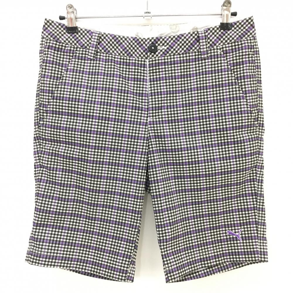 【美品】プーマ ハーフパンツ 黒×パープル チェック メンズ M ゴルフウェア PUMA