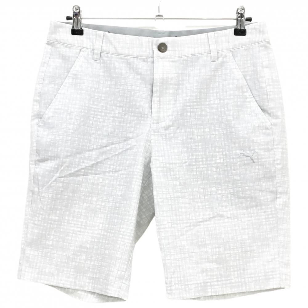 【美品】プーマ ハーフパンツ ライトグレー×白 チェック ロゴ刺しゅう  メンズ L ゴルフウェア PUMA