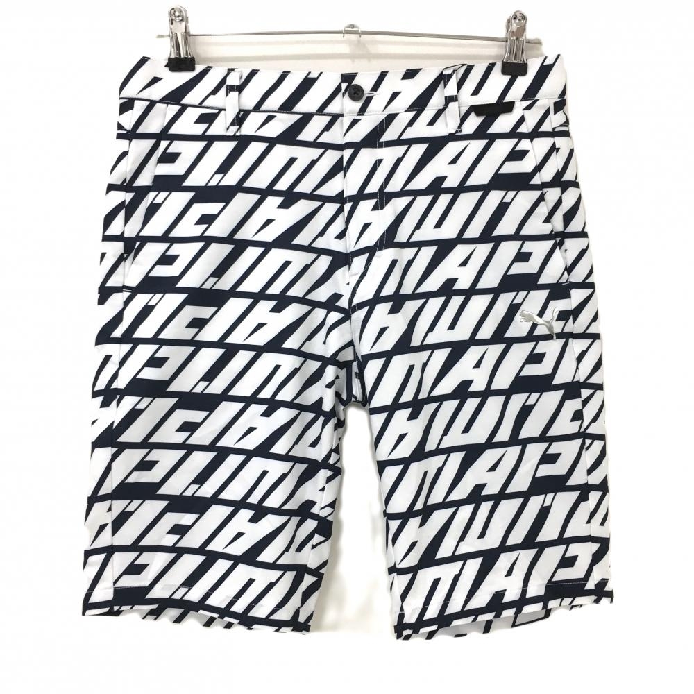 【新品】プーマ ハーフパンツ ネイビー×白 総柄 ポケット下ロゴ ストレッチ メンズ M ゴルフウェア PUMA