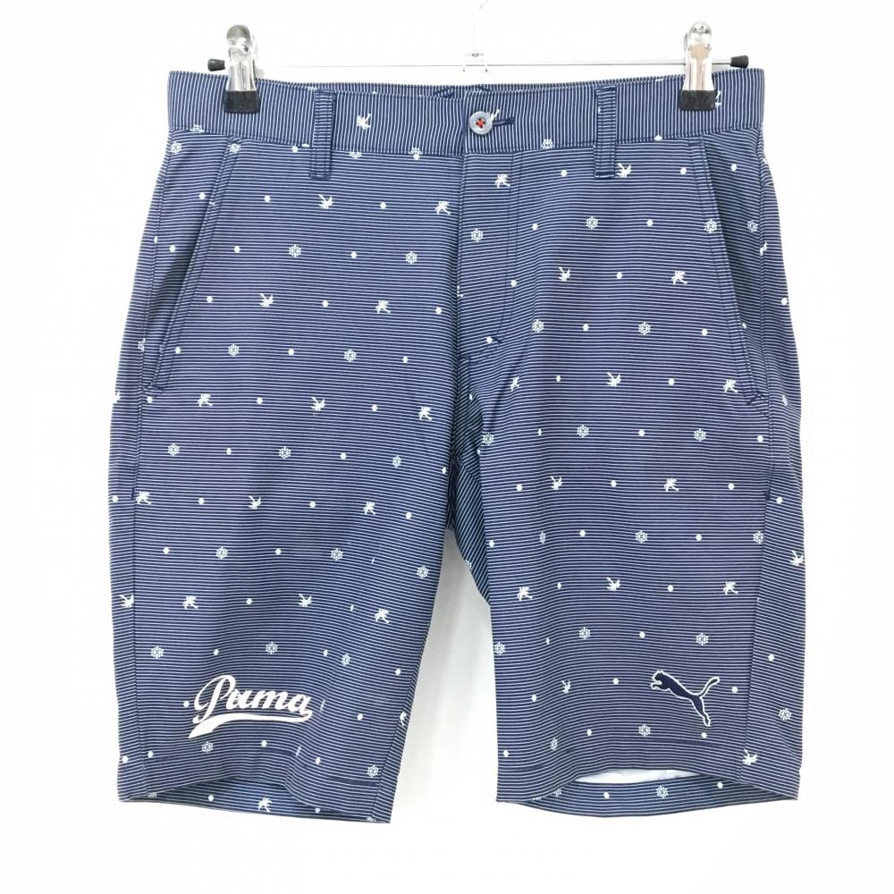 プーマ ハーフパンツ ネイビー×白 ボーダー ドット ヤシの木総柄 ストレッチ メンズ S ゴルフウェア PUMA