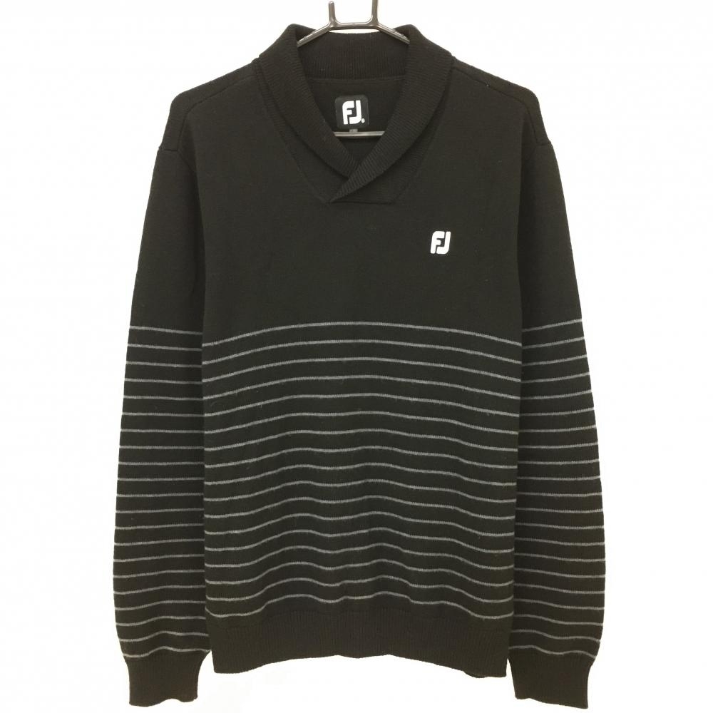 フットジョイ 襟付セーター 黒×グレー ボーダー ニット ウール混  メンズ XL ゴルフウェア FootJoy